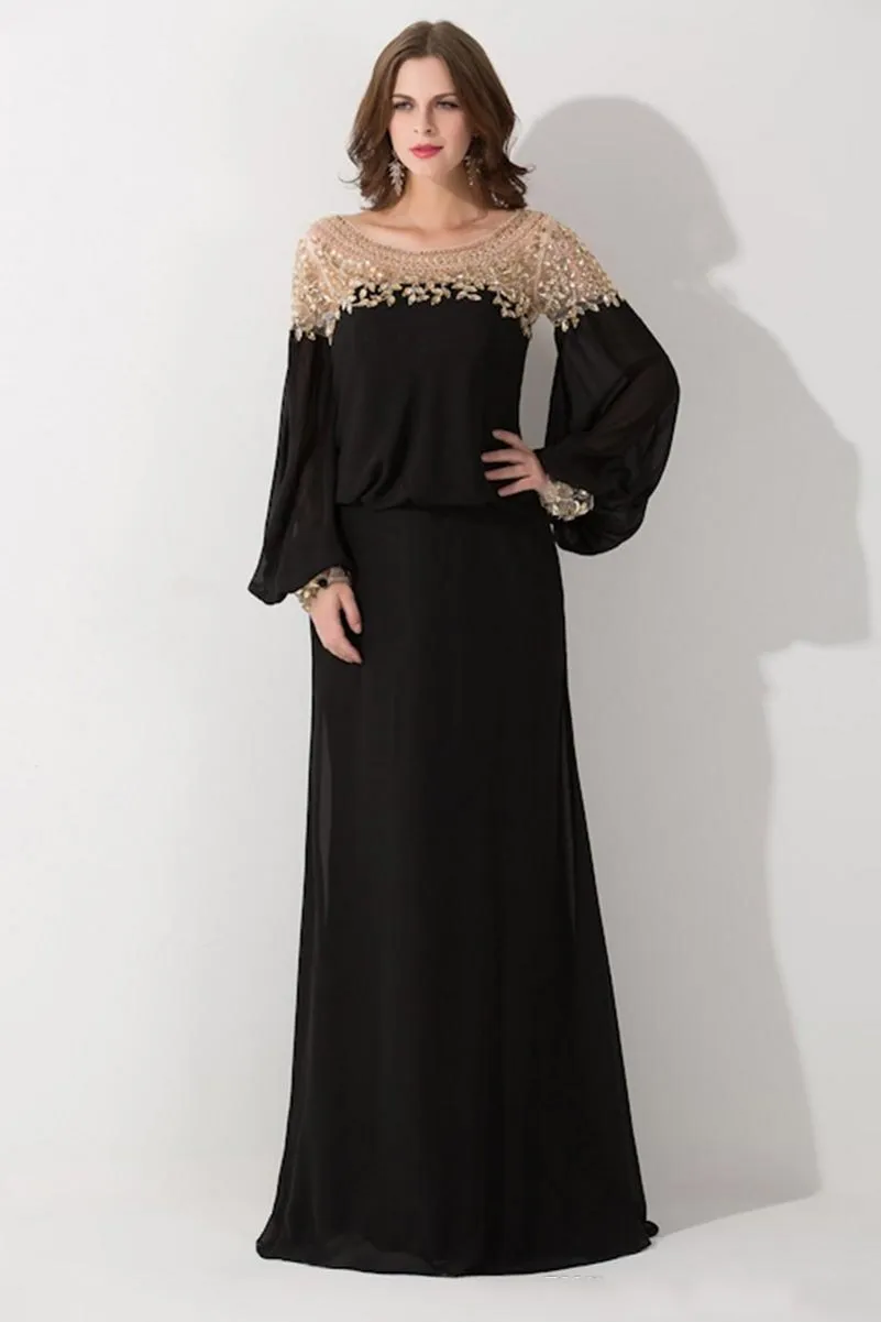 2020 nouvelle offre spéciale noir encolure dégagée en vrac Dubaï caftan robes de soirée à manches longues en mousseline de soie pailletée robes de soirée formelles robe De Festa 144