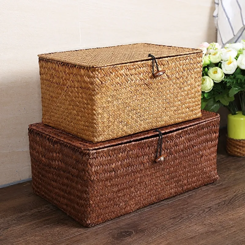 Panier tissé à la main en paille d'herbe créatif européen avec couvercle boîte en rotin bac de rangement porte-articles divers décor à la maison