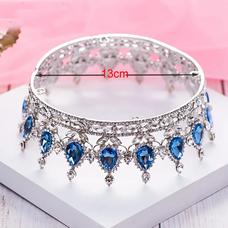 Queen Crown Luxurious Blue Diamond Pageant 웨딩 신부 보석 액세서리 Quinceanera 비잔틴 티아라 파티 파티 헤드 밴드 7021292