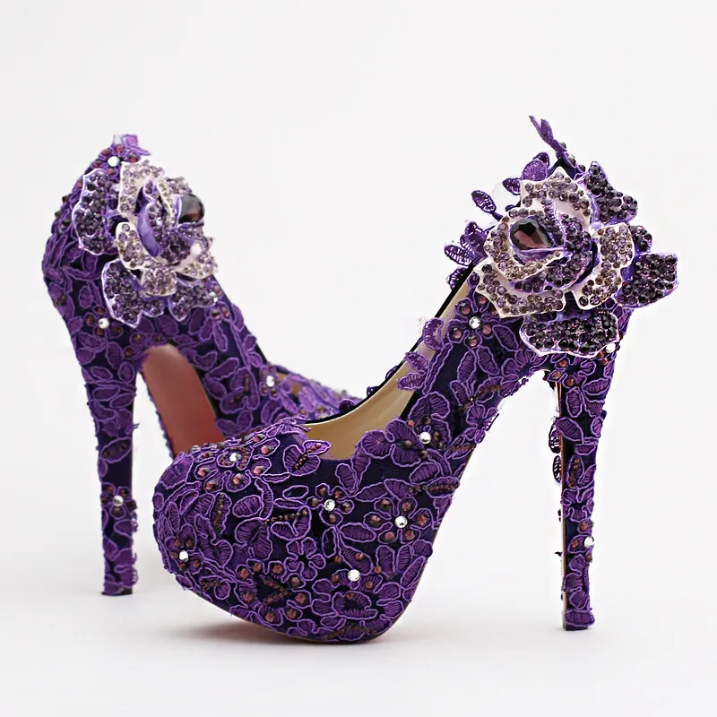 High Heel Fashion Fower Rhinestone Bridal Shoes Purple Lace Wedding Shoes Beautiful Platform Crystal High Quality Women Pumps