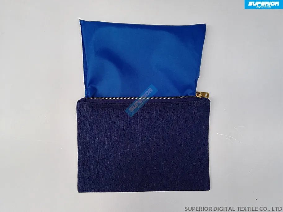 7x10 tum 10oz indigo blå twill denim sminkväska med metalliskt guld zip tomt blått ren bomull denim kosmetisk väska med match blå248k