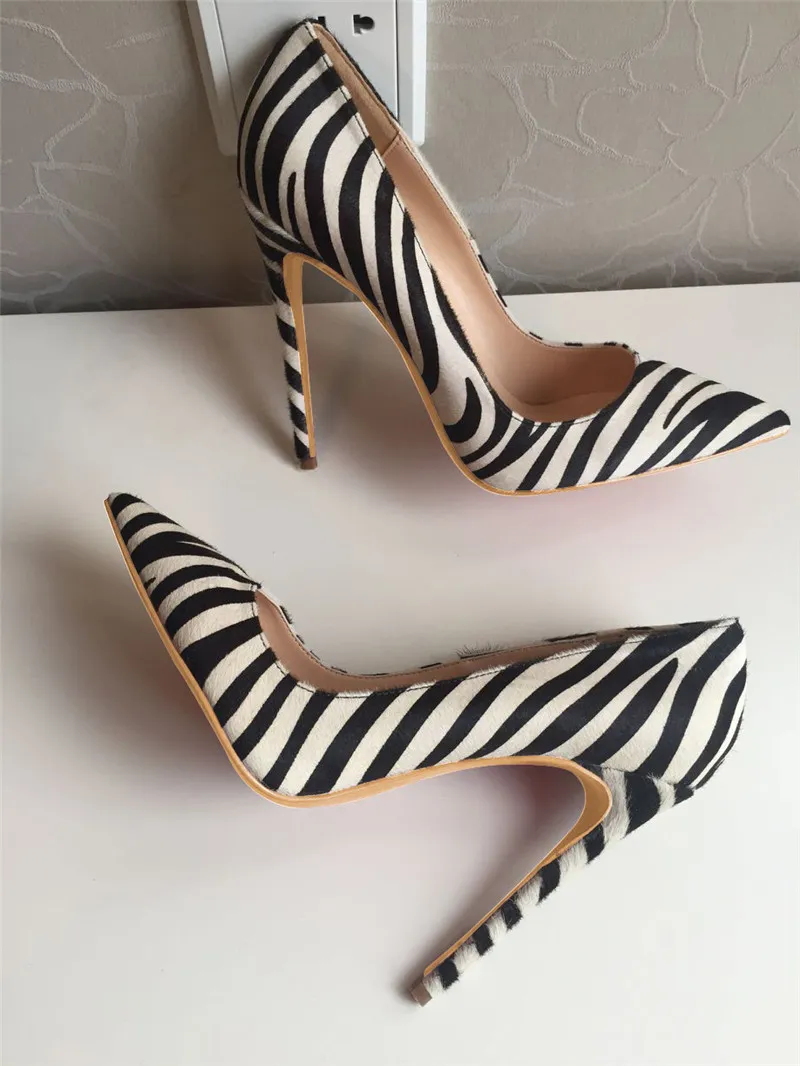 Casual Designer Sexy Dame Mode Frauen Schuhe Zebra Streifen Pferd Hair Pointy Toe Stiletto Stripper High Heels Prom Abendpumpen Große Größe 44 12 cm