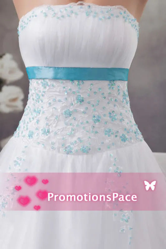New Design Strapless 2015 Empire Waist Wedding Dresses With Light Sky Blue Beading Appliqued Satin Sash Plus Size Bridal PartyGowns WDH1-476