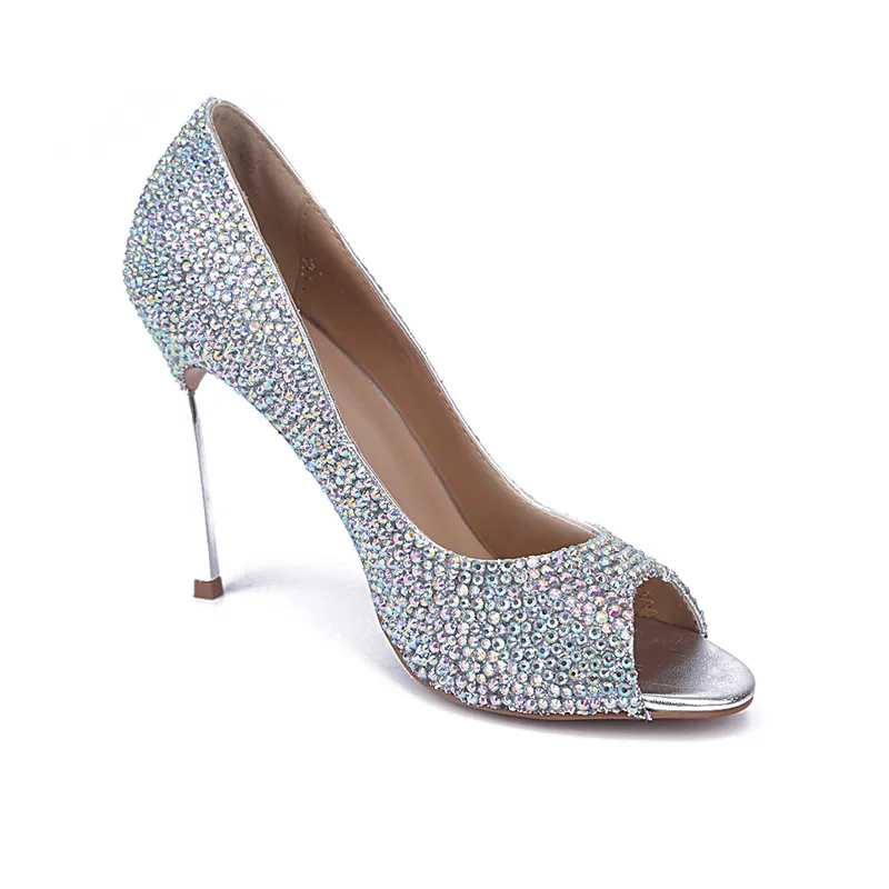 Chegada nova Sapatos de Casamento Strass Peep Toe Salto Stiletto Sandálias de Couro Genuíno OL de Salto Alto AB Cor Cristal Prom Shoes