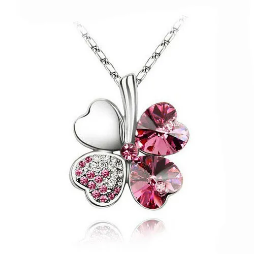 Clover Necklaces Silver Plated Chain Crystal Necklace Heart Lucky Four Leaf Clover Pendant Necklaces