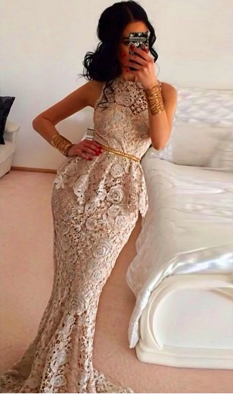 Ny 2015 Elegant sjöjungfru Lace Formal Aftonklänningar Golvlängd Lång Långkväll Klänningar 2015 med Sashes Special Occasion Dress