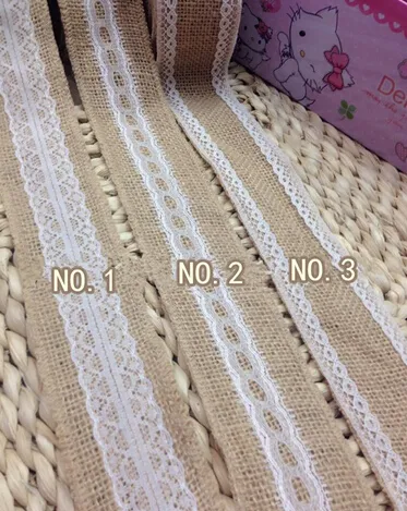 5 meter / lot 5M Natural Jute Burlap hessiska Ribbon med spets trim Tape Rustic Wedding Decor bröllopstårta topper