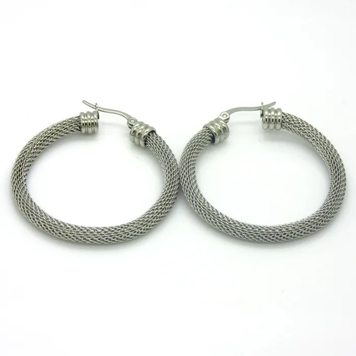 1 Paar Delicate Silver Tone Drie soorten specificaties Roestvrijstalen Twist Wire Mesh Round Hoop Oorbellen Hoge kwaliteit