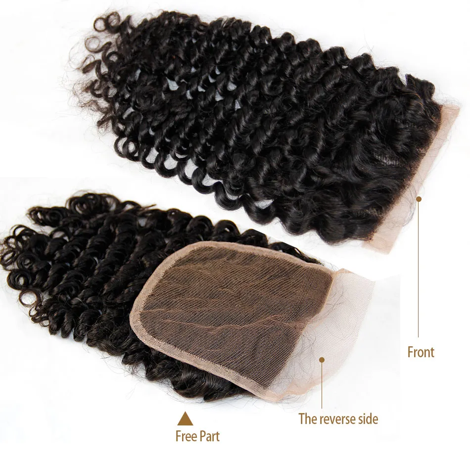 Indian Curly Lace Closure Free Middle Part Indian Virgin Human Hair Stänger 4x4 Naturlig Svart 130% Densitet Kinky Deep Curly Lace Closure