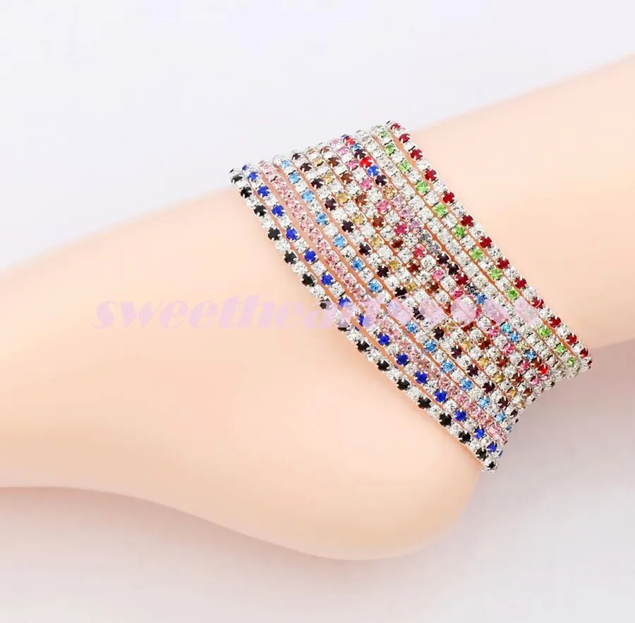 12 stks / partij 12 kleuren Verzilverd Vers Volledige Helder Kleurrijke Rhinestone Tsjechische Crystal Circle Spring Anklets lichaam sieraden