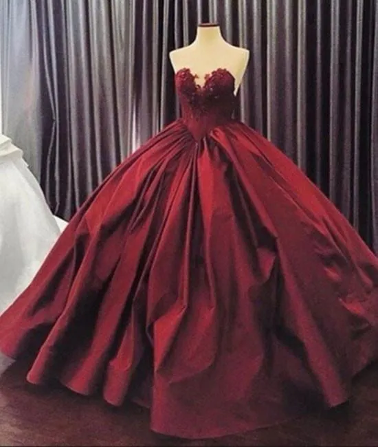 Burgundy gothic quinceanera Gown Dress with Sweetheart Neckline, Lace-Up Back, and Satin Appliques - 2021 Collection
