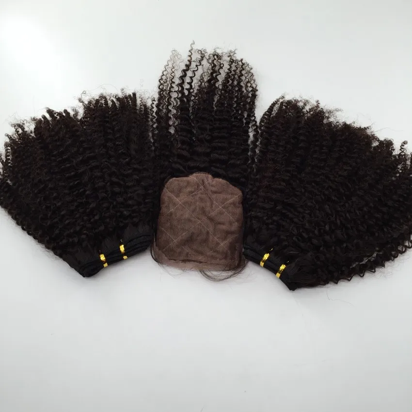 Goedkope Maleisische Virgin Hair 3 stks Free Deel Silk Sluiting met 2 stks Haarbundels Onverwerkte Menselijke Maagd Haarverlenging Afro Kinky Krullend