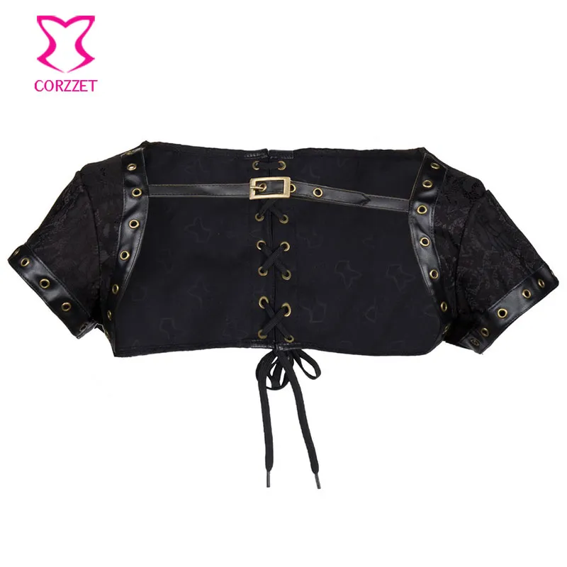 Plus Size Black Brocade & Faux Leather Short Sleeves Steampunk Jacket Women Bolero Matching Corsets and Bustiers Gothic Clothing