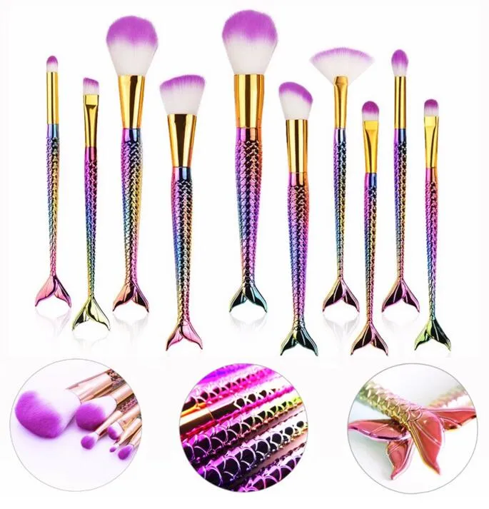 2022 Newest 10Pcs Unicorn Mermaid Makeup Brush Set Fish Tail Foundation Powder Eyeshadow Make Up Brushes Contour Blending Cosmetic Brushes