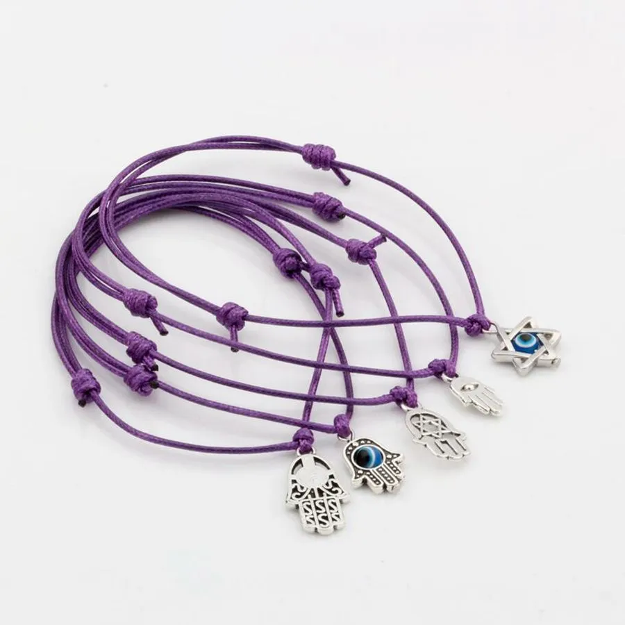 Hot ! 50pcs Mixed Kabbalah Hamsa Hand Star of David Charms Purple color Wax rope Adjustable Bracelets