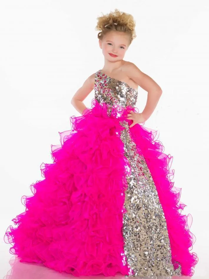 2015 Glitz Sequins One Shoulder Flower Girl039s Dresses Cute Princess Pleat Organza Fuchsia White Ball Gown Little Flower Girl 6917490