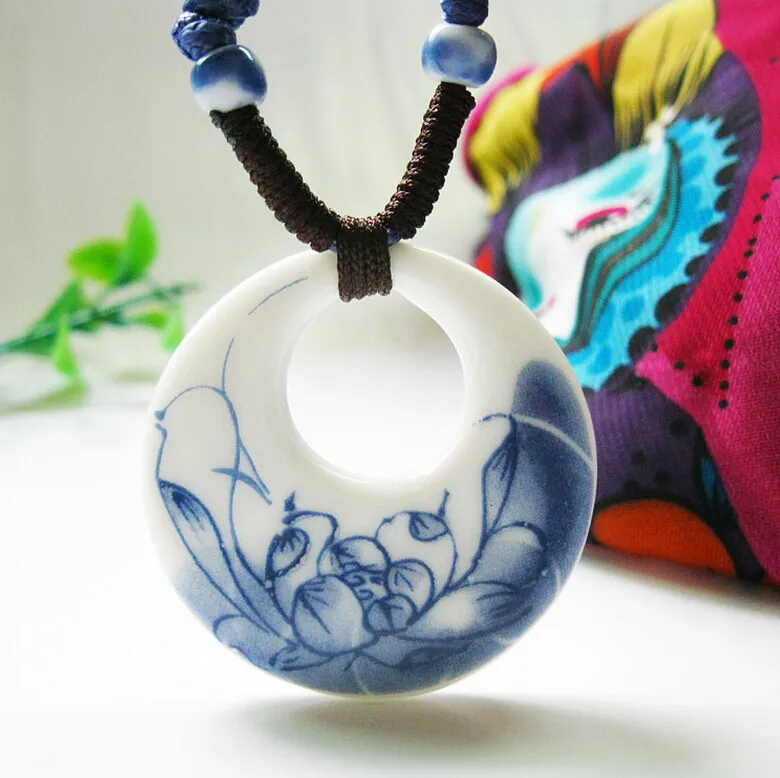 DIY Ceramiczne Wisiorki Naszyjnik Moda Vintage Chiny Handmade Naszyjnik Etniczny Niebieski i Biały Biżuteria Akcesoria Jingdezhen Ręcznie malowane prezent