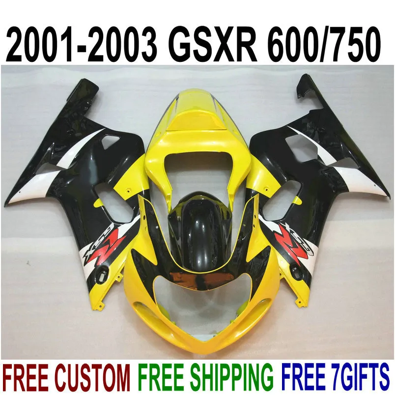 ABS Full Fairing Kit voor Suzuki GSX-R600 GSX-R750 2001-2003 K1 GSXR 600 750 Zwart Geel Plastic Backings Set 01-03 RA26