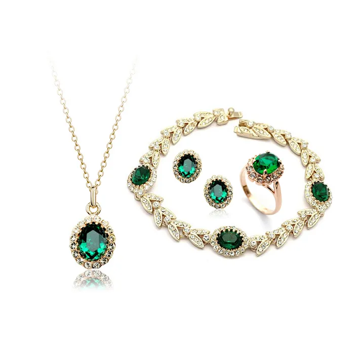 Drop Shipping ,Top Quality Emerald necklace+earrings+ring+bracelet 18K gold plated crystal Jewelry sets,Brand jewellry sets wholesales gift