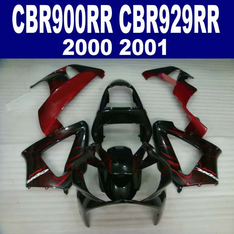 Personalize carenagens de motocicleta para HONDA CBR929 2000 2001 chamas vermelhas no kit de carenagem preto CBR 929 RR CBR900RR HB3