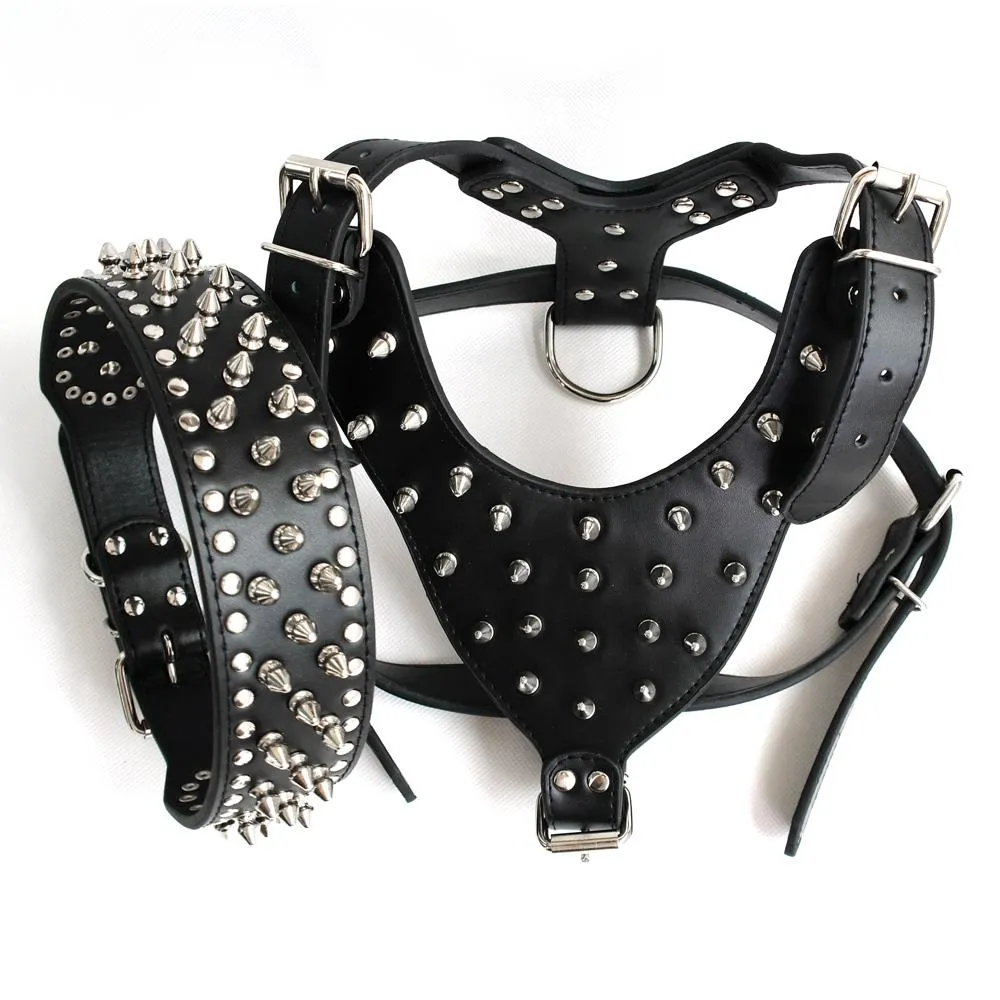 Wholesale-Brown Large Spiked&Studded Leather Dog Harness&Collar SET for Pit Bull Mastiff