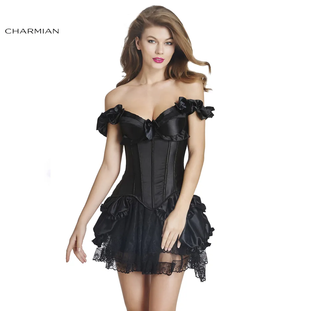 Women's Sexy Retro Gothic Corset Dress Satin Lace Ruffles Zipper Vintage Corset Dress Black Corsets Bustiers Shapewear