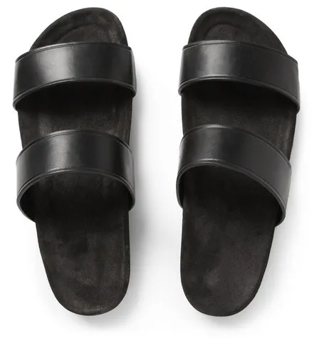 2015 الجديدة ماركة جلد طبيعي رجل النعال جرجر الأسود موضة التعادل رجل الصيف الصنادل الأخفاف عارضة مريحة الشقق الأحذية الإيطالية
