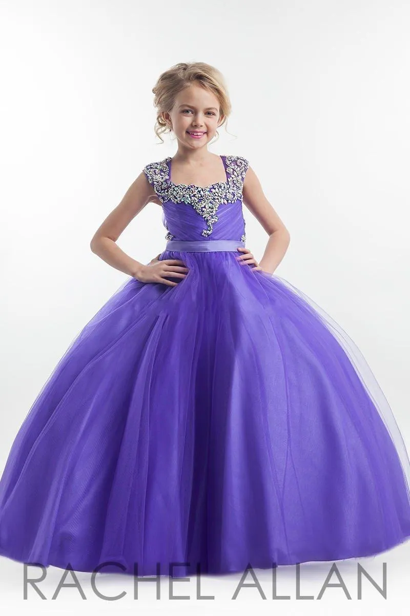 Purple Flower Girl Dresses fyrkantig halsringning Sparkly Crystals Pärlade Tulle golvlängd Öppna baksidan Birthday Party Dress Pagent Dress 1925305