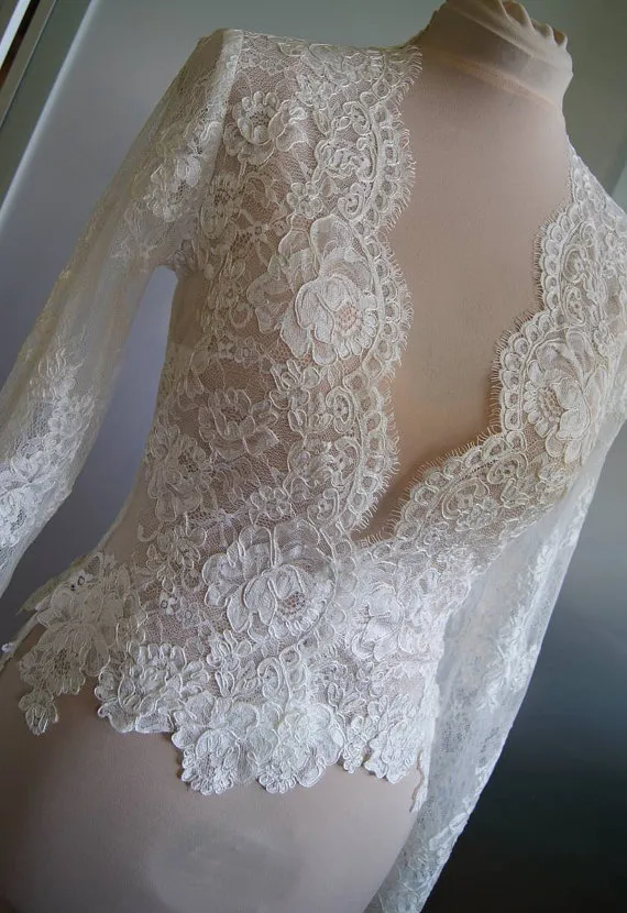 High Quality Ivory Lace Bridal Jacket With Long Sleeve V-Neck Bolero Custom Made Wrap Bridal Accessories For Wedding Dress2919