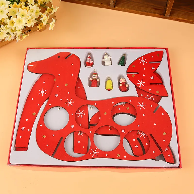 Gros-25x20.5cm bricolage en bois renne rouge de Noël avec arbre bonhomme de neige cloche ornements cadeaux et décorations de Noël