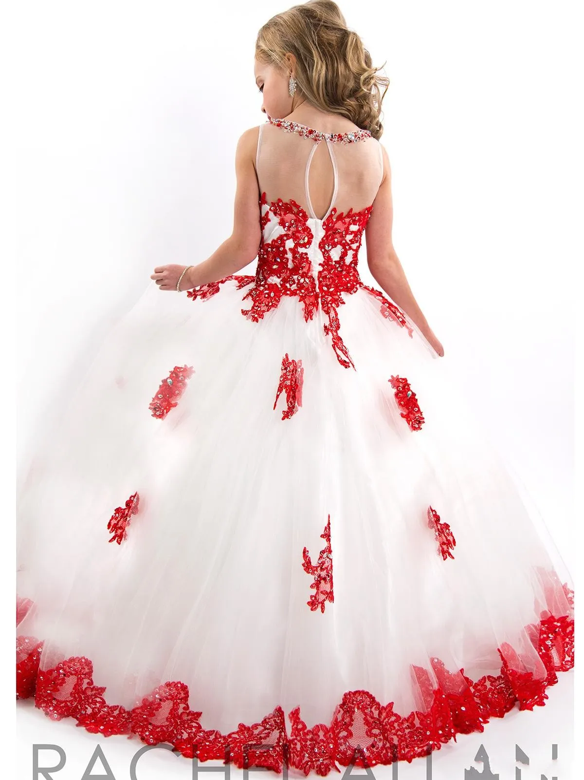 2019 Venta de vestidos de niñas de flores blancas y rojas Cuello de joya Hasta el suelo Encaje Apliques Vestidos de desfile para niñas Niños Boda Dre263g