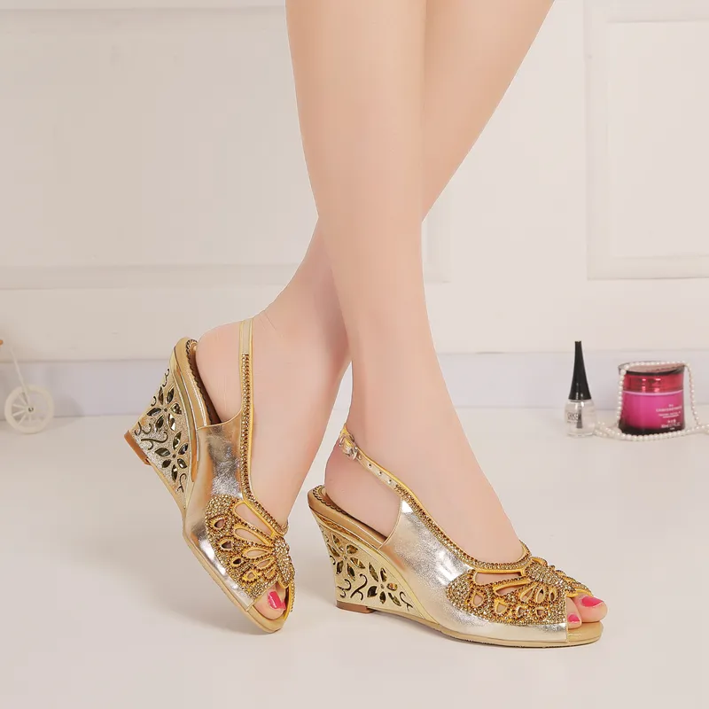 Gouden steentjes wig trouw schoenen cut-out sandalen voor bruiden hoge hak slingback 8cm dikke hak kristallen schoenen vrouwen peep teen slip-ons