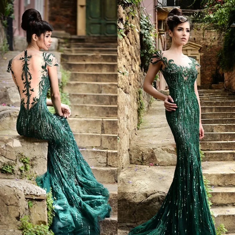 2015 Rami Salamoun Dresses Green Prom Dresses Mermaid Scoop Cap Sleeves Sheer Back Formal Gowns Luxury Crystal Beaded Evening Dresses