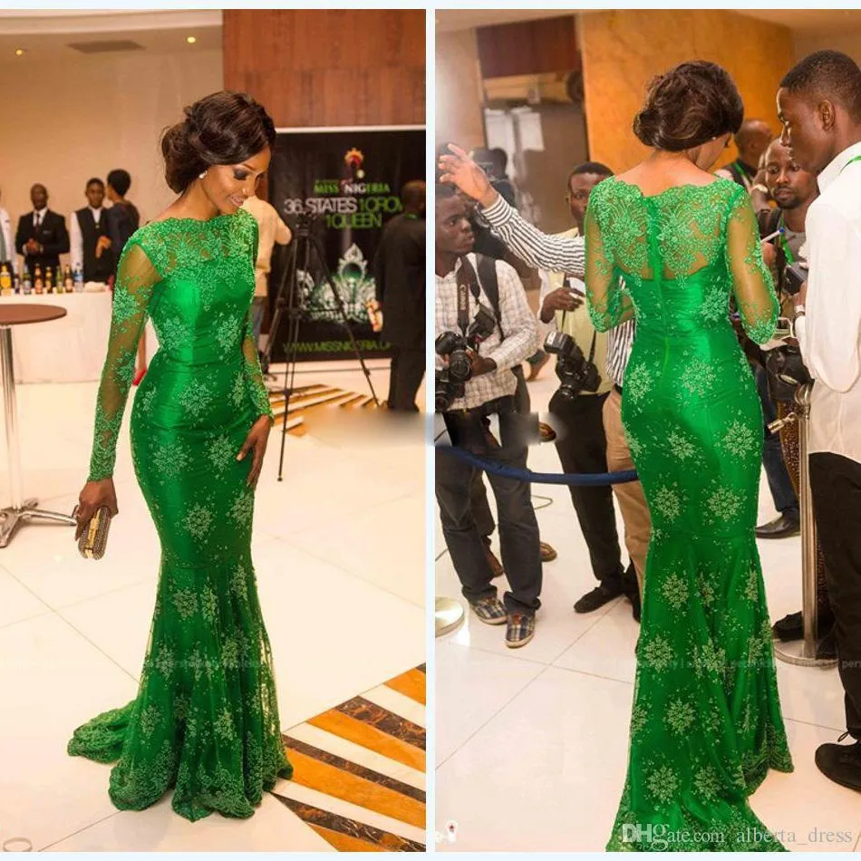 En Stock Brillante Jade Verde Sirena Celebrity vestidos de noche mangas largas Bateau cuello apliques de En Stock Brillante Jade Verde Sirena Celebrity vestidos de noche mangas largas Bateau cuello apliques de