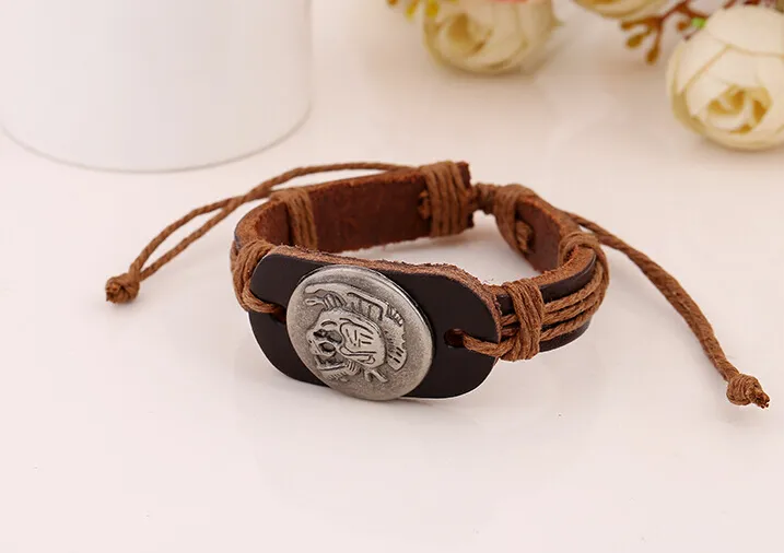 2015 latest version punk style 100% genuine leather bracelet handmade man woman disc skull rope adjustable bracelet 