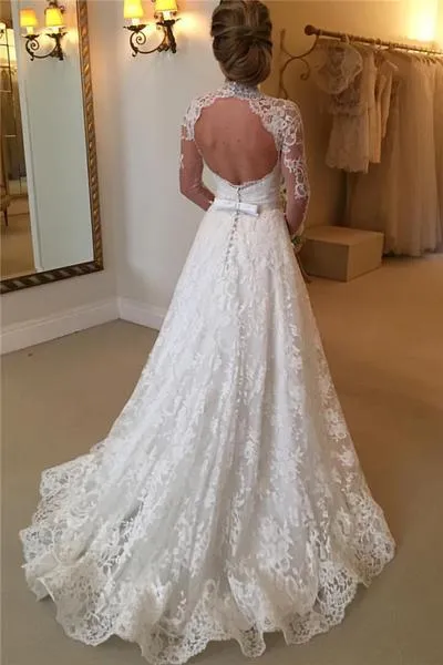 2017 Elegante Lace Alta Gola Vestidos De Casamento Com Ilusão Mangas Compridas Do Vintage Sem Encosto Arco Sash Nupcial Vestidos Feitos Sob Encomenda EN10288