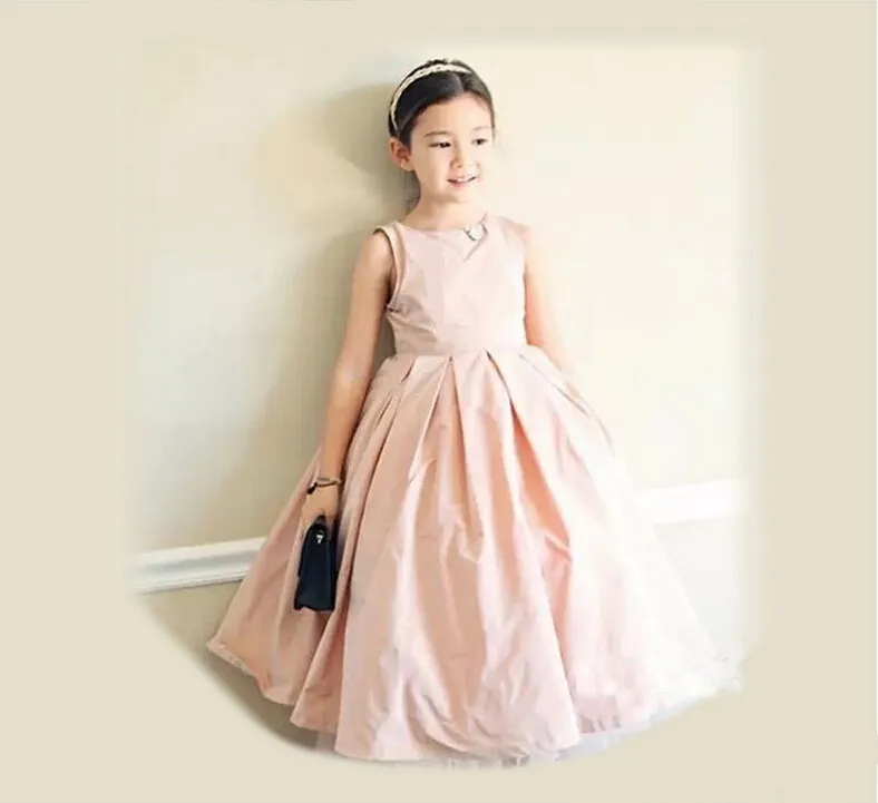 Petite princesse Taffate bijou cou longue fleur filles robes ceinture cheville longueur a-ligne fermeture éclair fête de mariage petite robe de bébé