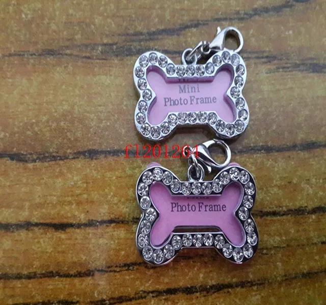 32x20mm Pet Collar ID Tag Dog Name Tag Rhinestone Bone Shaped Doggie Puppy Crystal Photo Frame