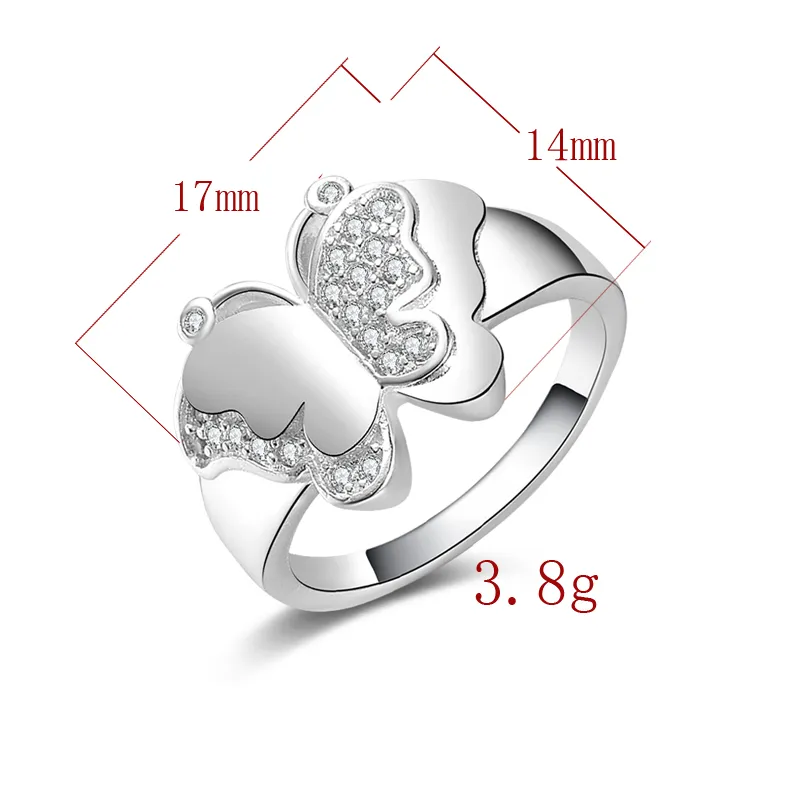 Gratis frakt Ny 925 Sterling Silver Fashion Jewelry Butterfly With Crystal Ring Hot Sell Girl Gift 1481