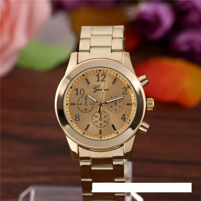 Moda Zegarek Kobiety Mężczyźni Genewa Ze Stali Nierdzewnej Zegarki Kwarcowy Luksusowe Luksusowe Panie Cool Gold Analog Trzy Oczy Wristwatch