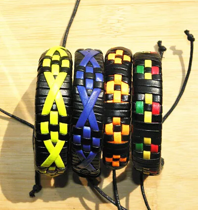 The New Genuine Leather Wrap Braided Bracelets cross candy color Grid Punk Lover's Wristband Men women Handmade 