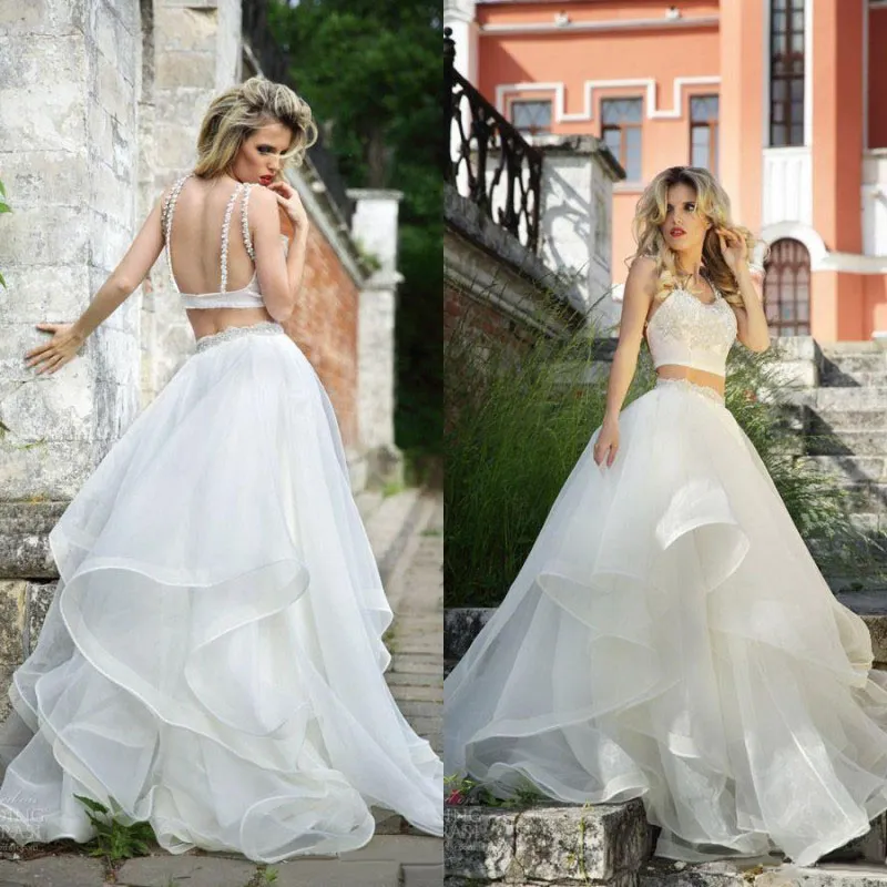 Custom-made 2019 Summer Beach wedding dress with Spaghetti Straps, Beading, Crop Top, and Ruffles - Two-Piece A-Line Bridal Gown from China (EN50122)