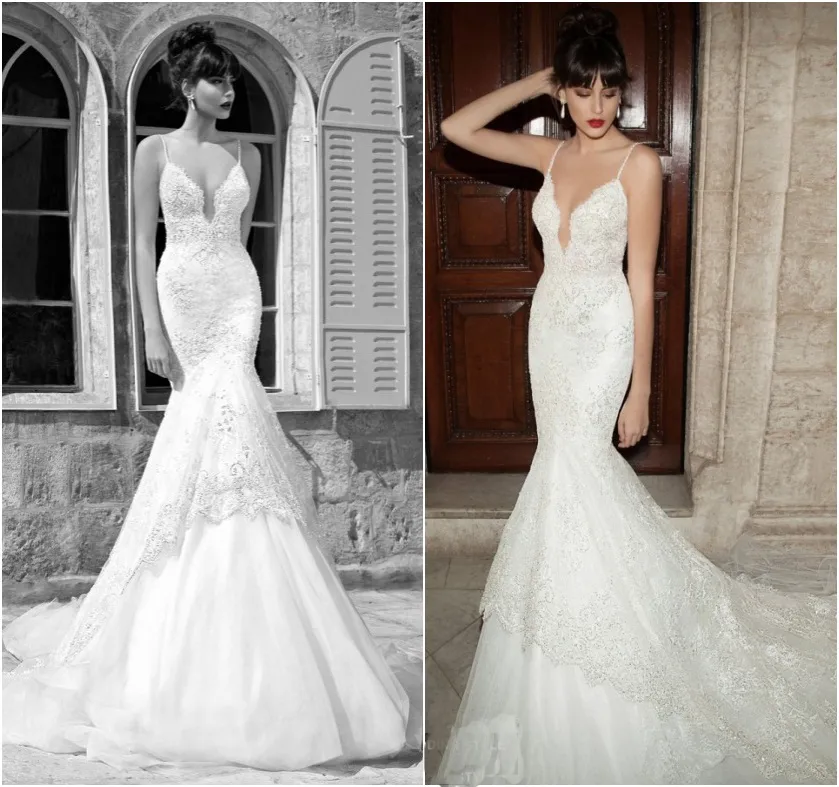 Sexy Berta Lace Backless Mermaid Wedding Dresses Spaghetti Straps With Plunging V Neck Beaded Appliques Chapel Train Bridal Gowns