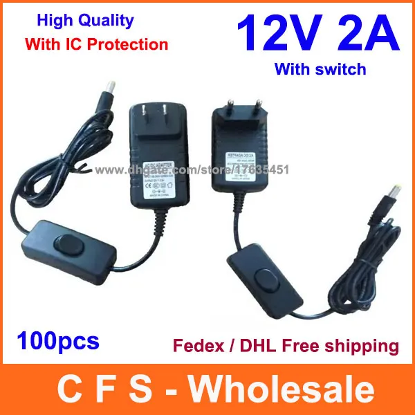 12V 2A-voeding met schakelaar aan / uit aan / uit voor LED-strip Hoge kwaliteit 100 stks Fedex / DHL gratis verzending
