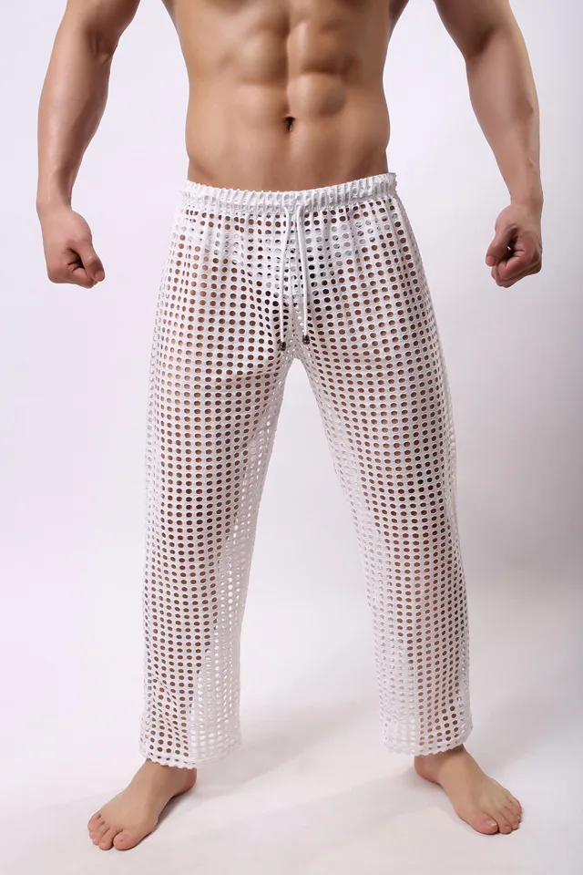 Sexiga herrbyxor Sleepwear Se genom Big Mesh Lounge Pyjamas Bottoms Loose Trousers Low Rise Male Sexy Wear292q