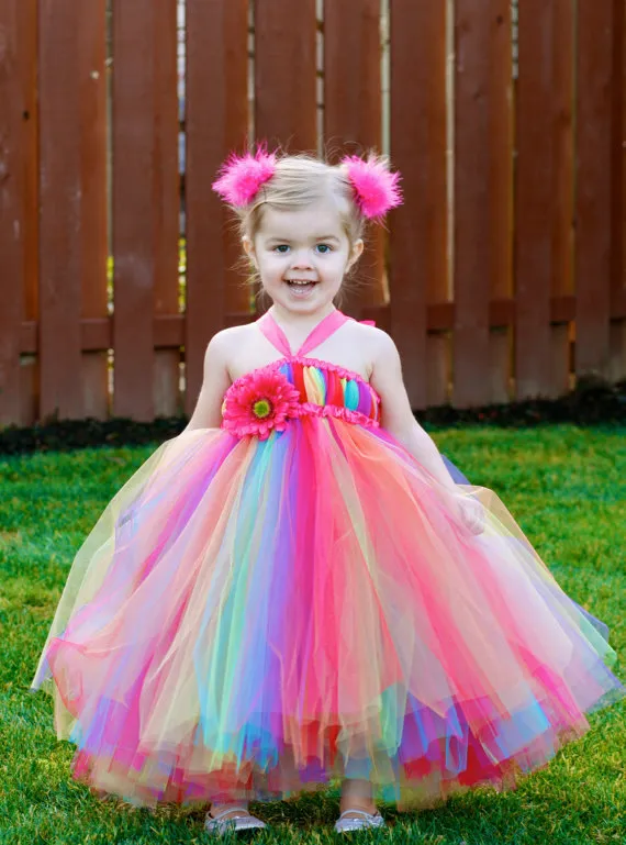 Colorful Rainbow Flower Girls039 Dresses Halter Neckline Ankle Length Colored Tulle Ball Gown Little Kids Baby Girls Pageant Dr4377215