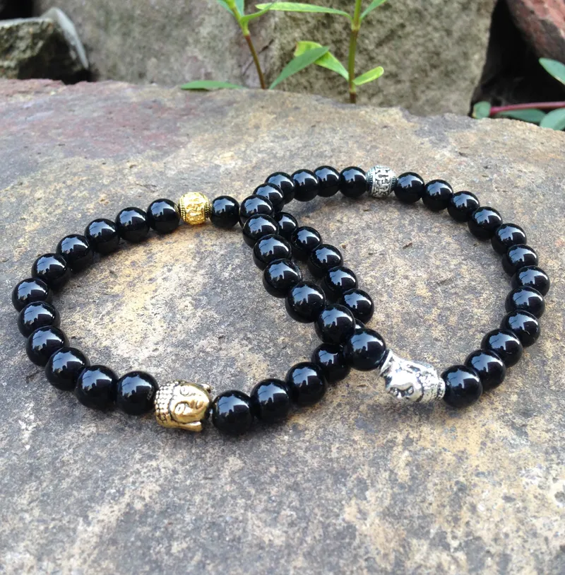SN0364 bracelet de perles bouddhistes en pierre naturelle pour hommes, Design à la mode, tête de bouddha en argent Antique, bracelets Mala en pierre noire