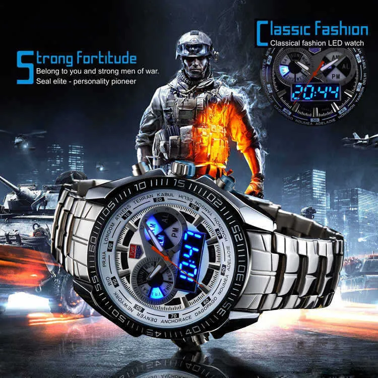 DHgate TVG Mens Dual Display Analog Digital Sports Watch Waterproof 30M Stainless Steel Band Quartz Wristwatches LED Military Watches for Men Watches