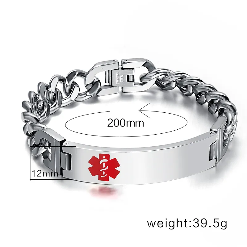 Hotsale Popolare Fantasitico Festa degli uomini Regali in stile 40g Peso Acciaio inossidabile ID medico / Bracciale di identificazione Cordolo Catena 12mm * 21cm superiore