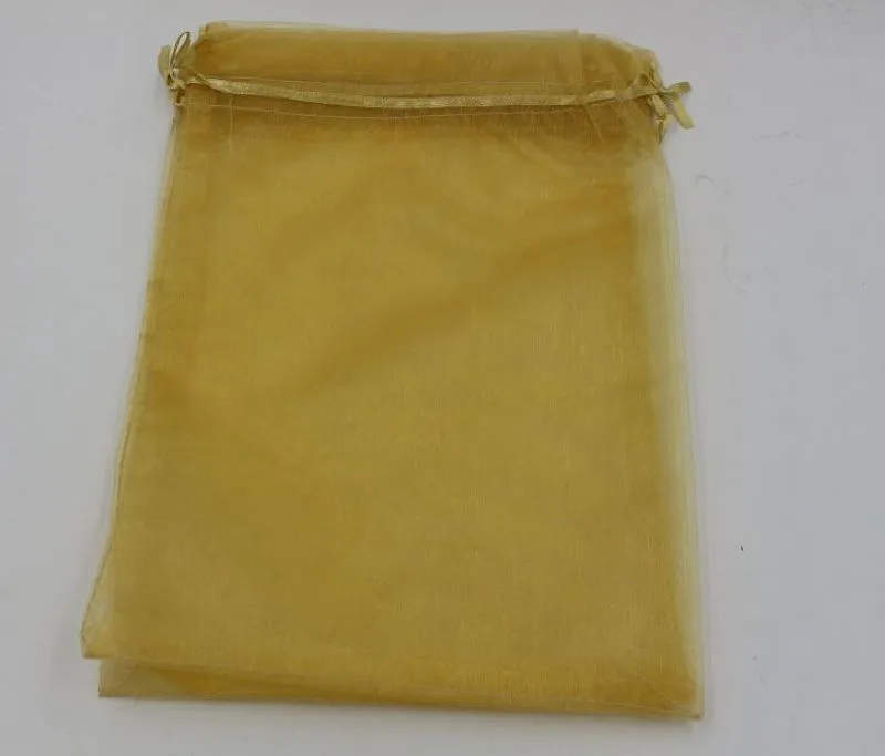 Hot sales! 100 stks Gold Color Organza Gift Bags, 7x9cm. 9x11cm. 13x18 cm .17x23cm. 20x30cm met trekkoord
